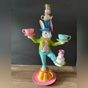 Whimsical Rabbit Figurine with Teacups - Multicolor
